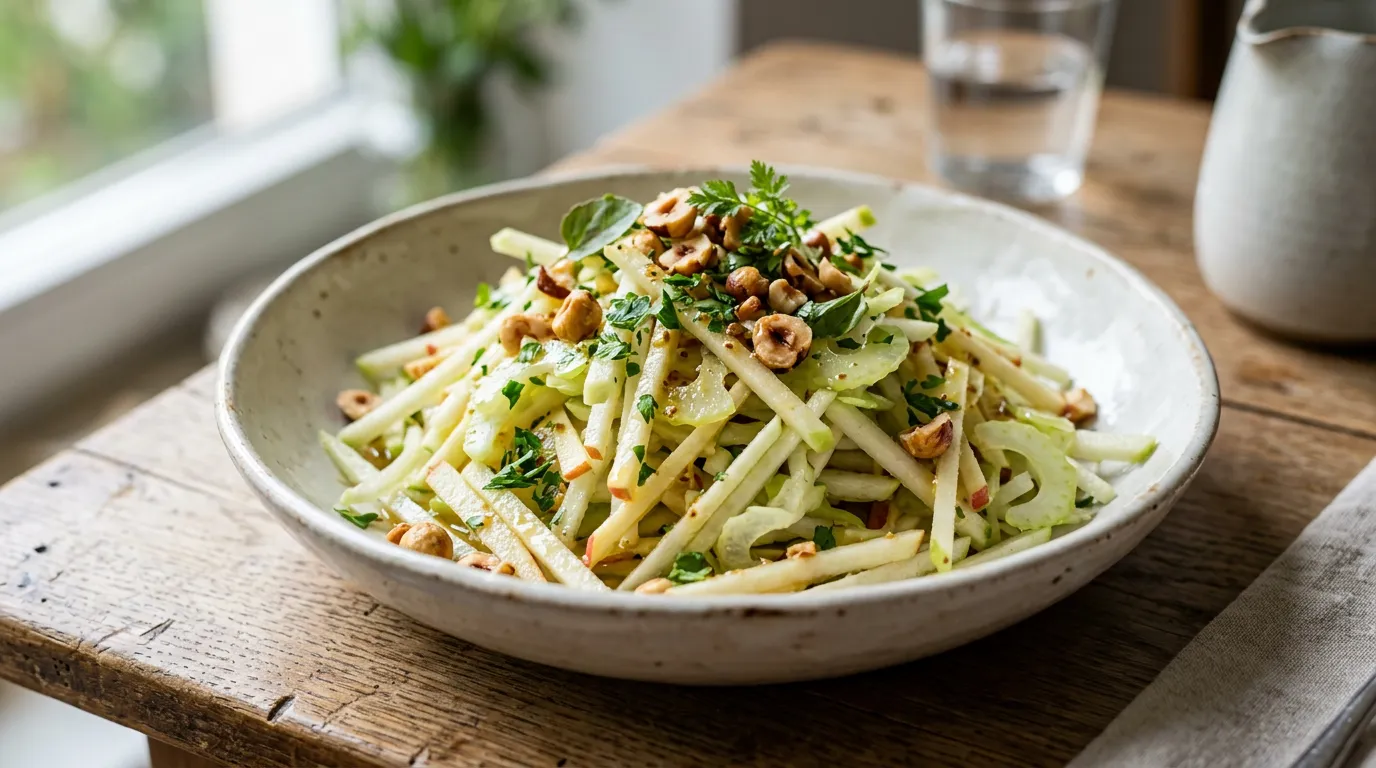 Roher Kohlrabi-Salat mit Apfel, Sellerie, gerösteten Haselnüssen und Apfel-Senf-Dressing