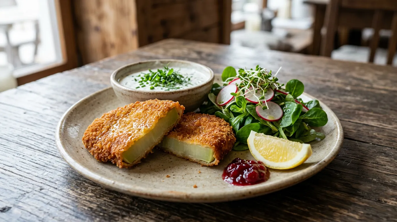 Gebratene Kohlrabi-Schnitzel mit Kräuter-Joghurtsauce und Frühlingssalat