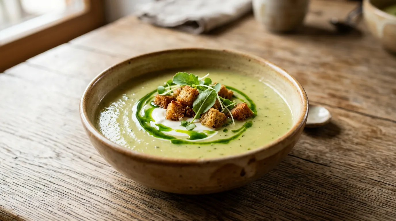 Kohlrabi-Cremesuppe mit Schnittlauchöl, Sauerrahm und geröstetem Schwarzbrot