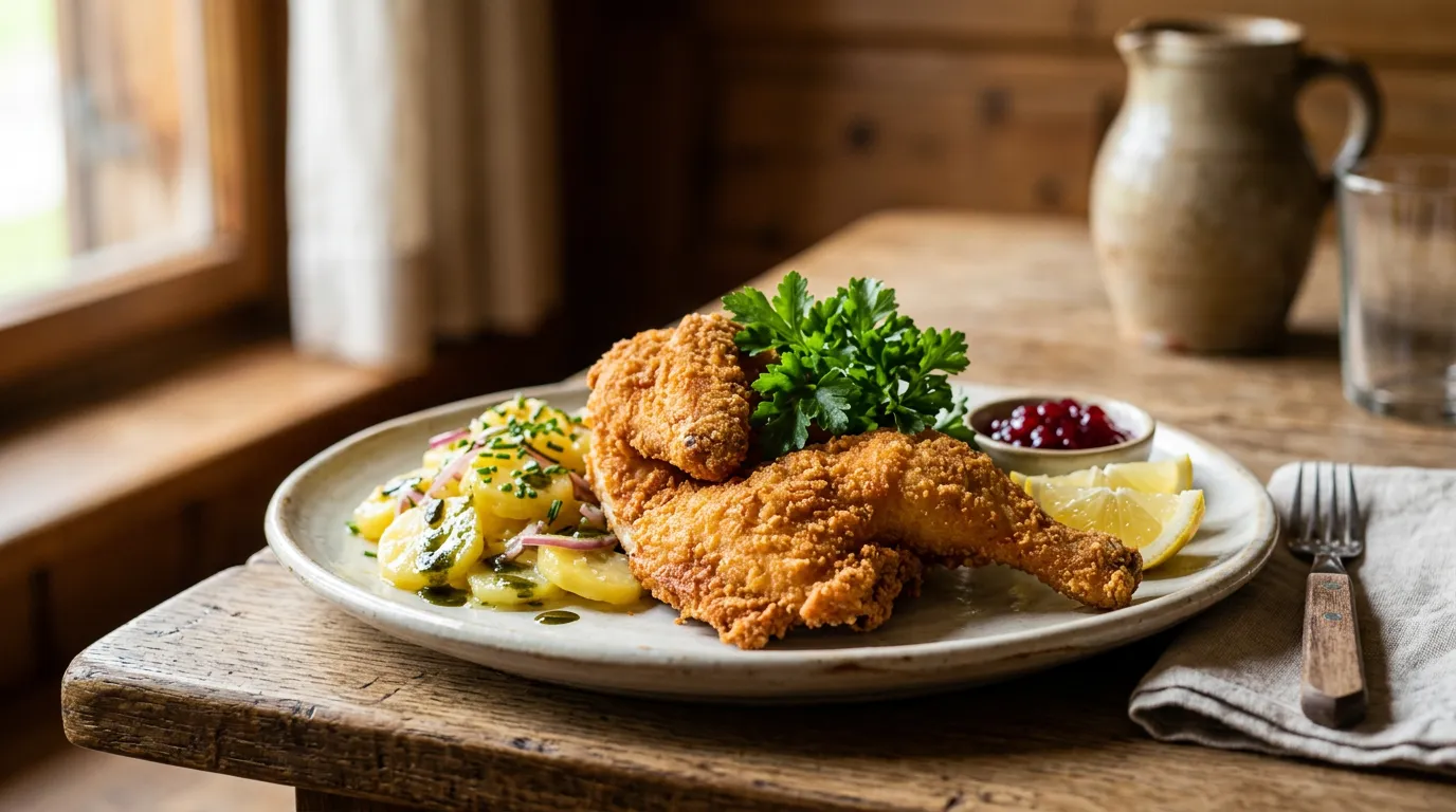 Steirisches Backhendl mit Erdäpfelsalat und Preiselbeeren