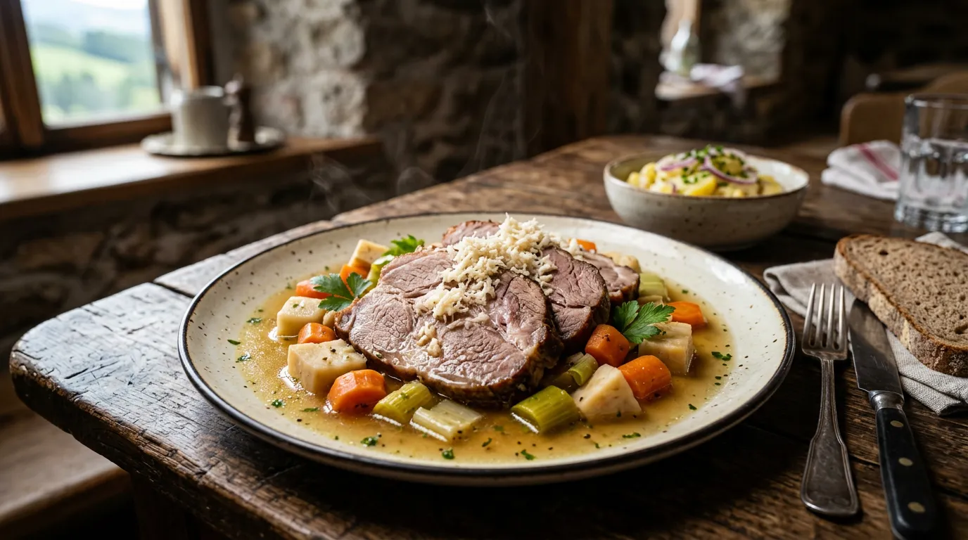 Steirisches Wurzelfleisch mit Kren, Apfelessig und Wurzelgemüse