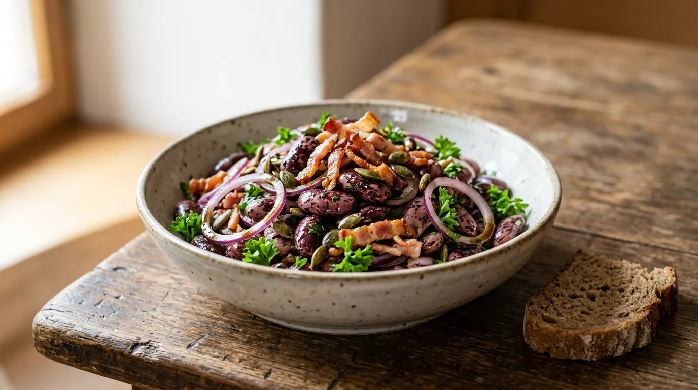 Steirischer Käferbohnensalat mit Kürbiskernöl, Zwiebel und geräuchertem Speck