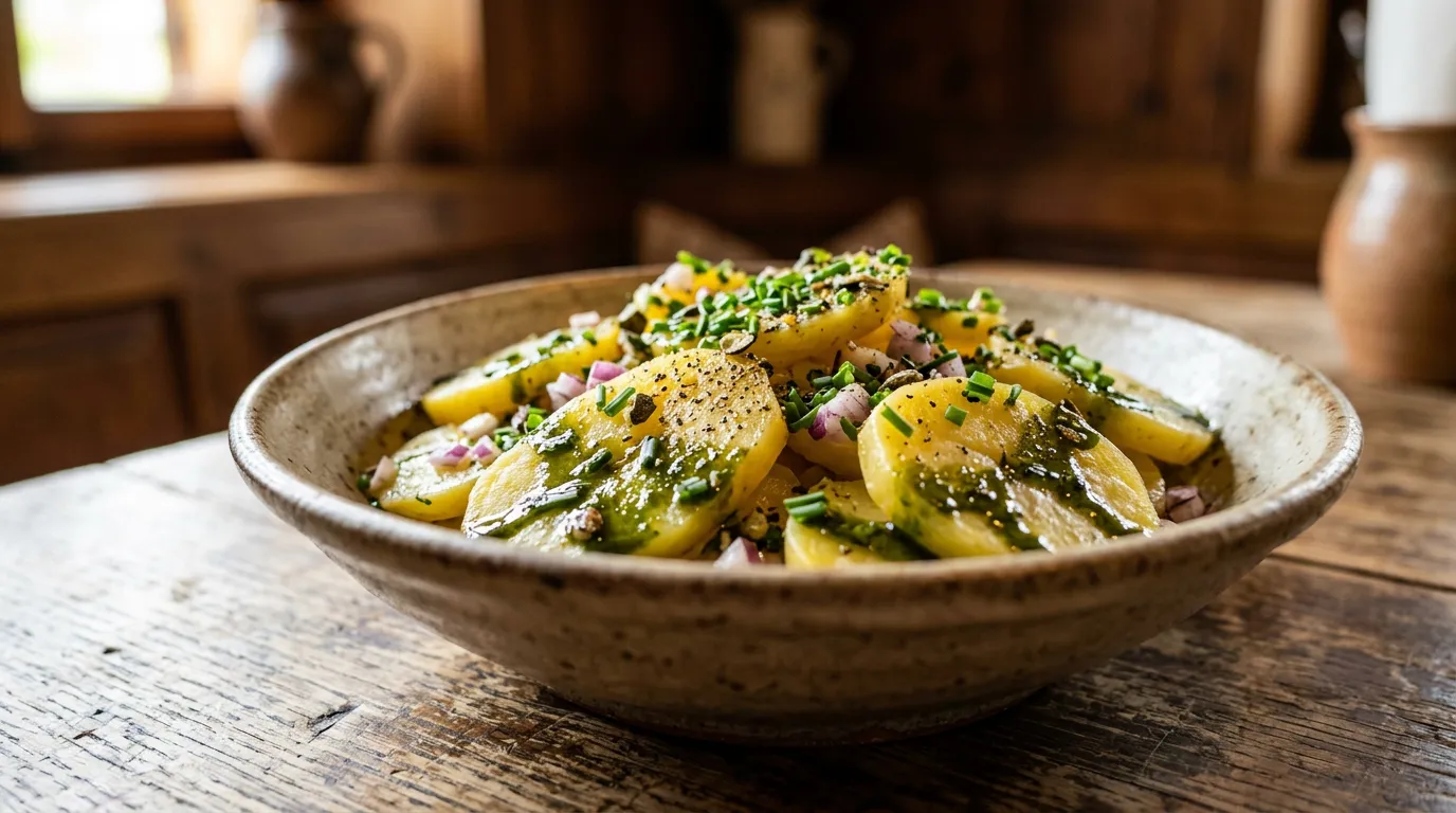 Steirischer Erdäpfelsalat mit Kürbiskernöl, Zwiebel und Apfelessig